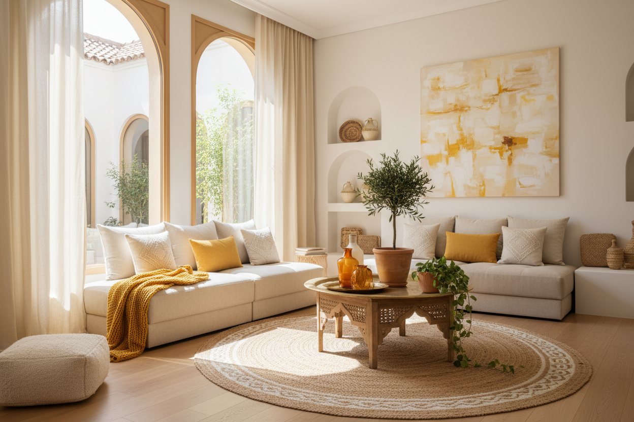 غرفة معيشة مفتوحة بألوان أصفر وبيج وأبيض